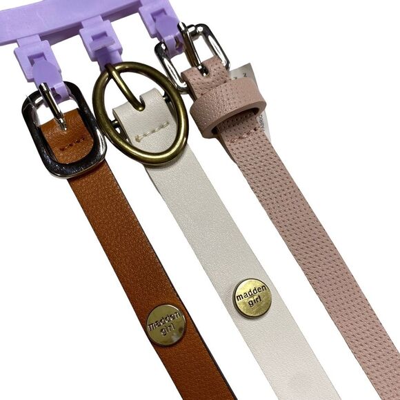 Set of Three Madden Girl Thin Belts White Pink British Tan Sz L NWT - Picture 6 of 6